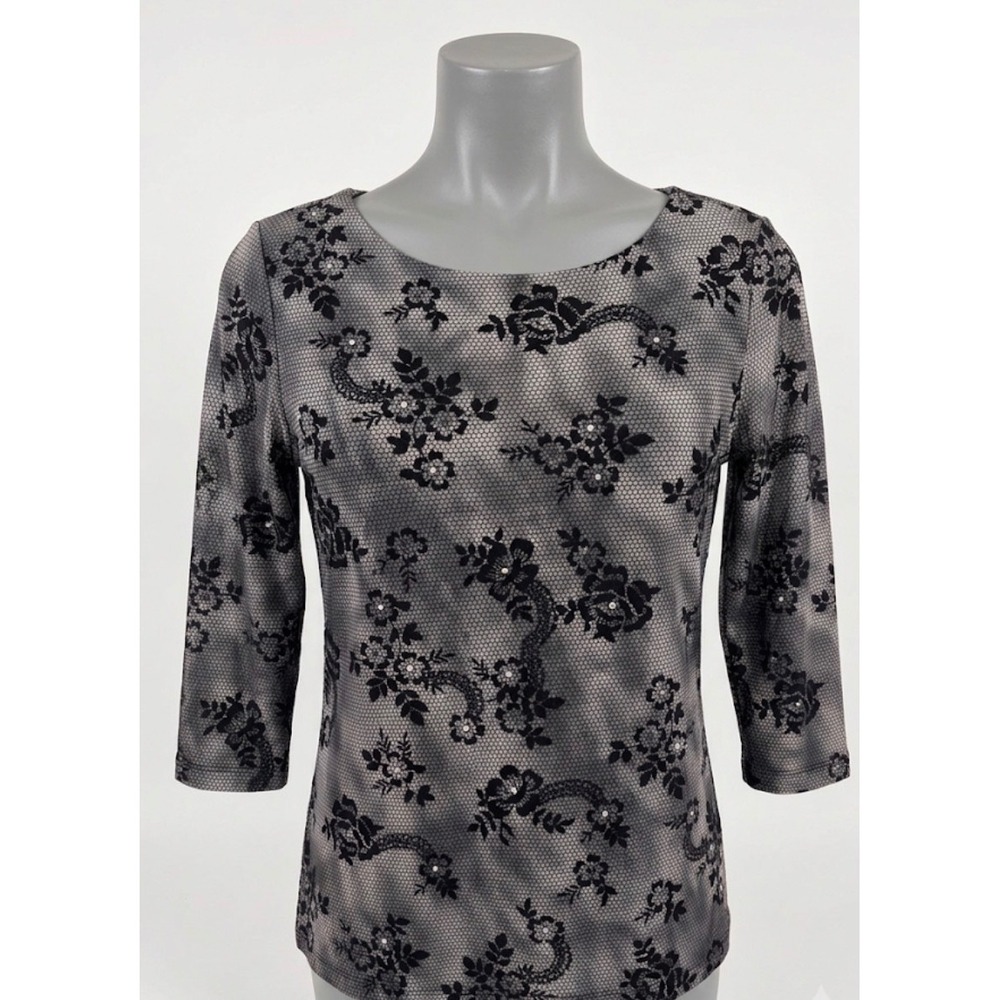 Vtg 90s Madison & Max Black Floral Lace Rhinestone Top S Y2K Vamp Goth Grunge